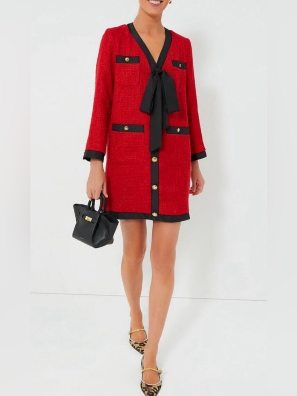 AVARA Red Tweed Dress with Black Bow Detail